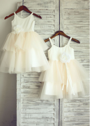 Ivory Cotton Champagne Tulle Cupcake Flower Girl Dress